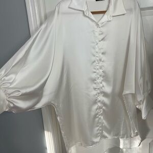 Chic White Satin Button Down Shirt- tunica size From M L+++